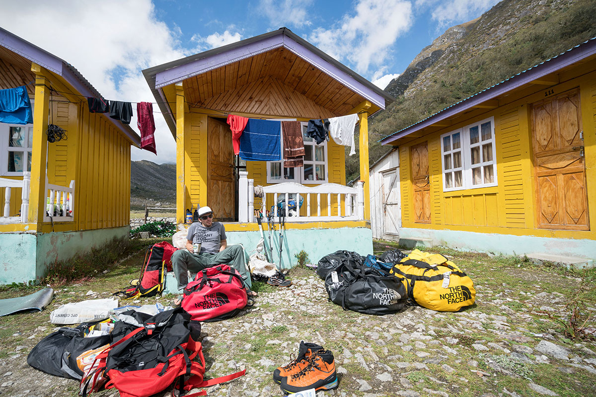 Duffel bags full of gear are packed and ready for expedition.